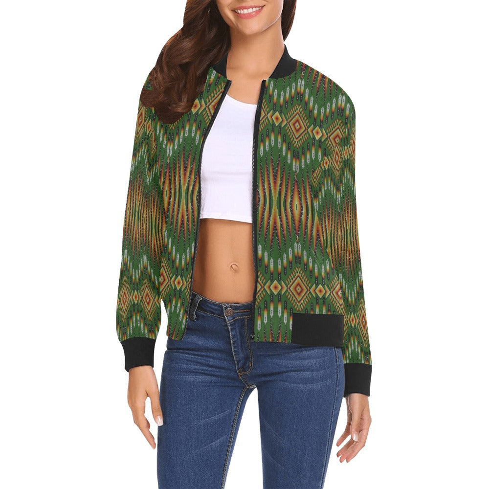 Fire Feather Green Bomber Jacket for Women