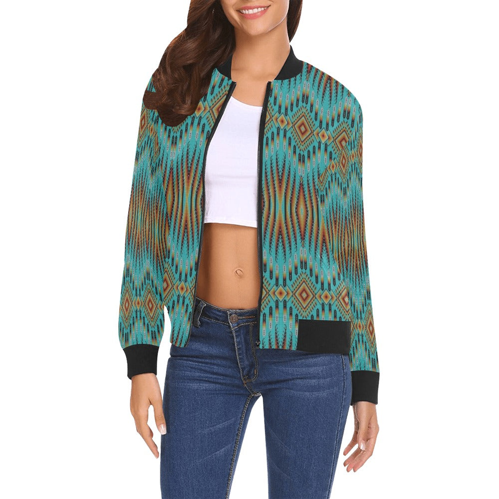 Fire Feather Turquoise Bomber Jacket for Women
