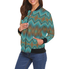 Load image into Gallery viewer, Fire Feather Turquoise Bomber Jacket for Women
