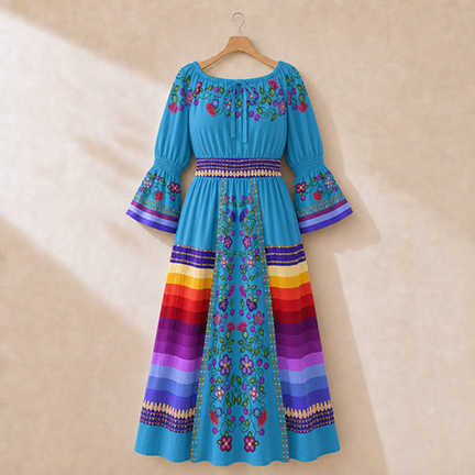 Beaded Offering Smocked Waist Peasant Dress - Blue 2
