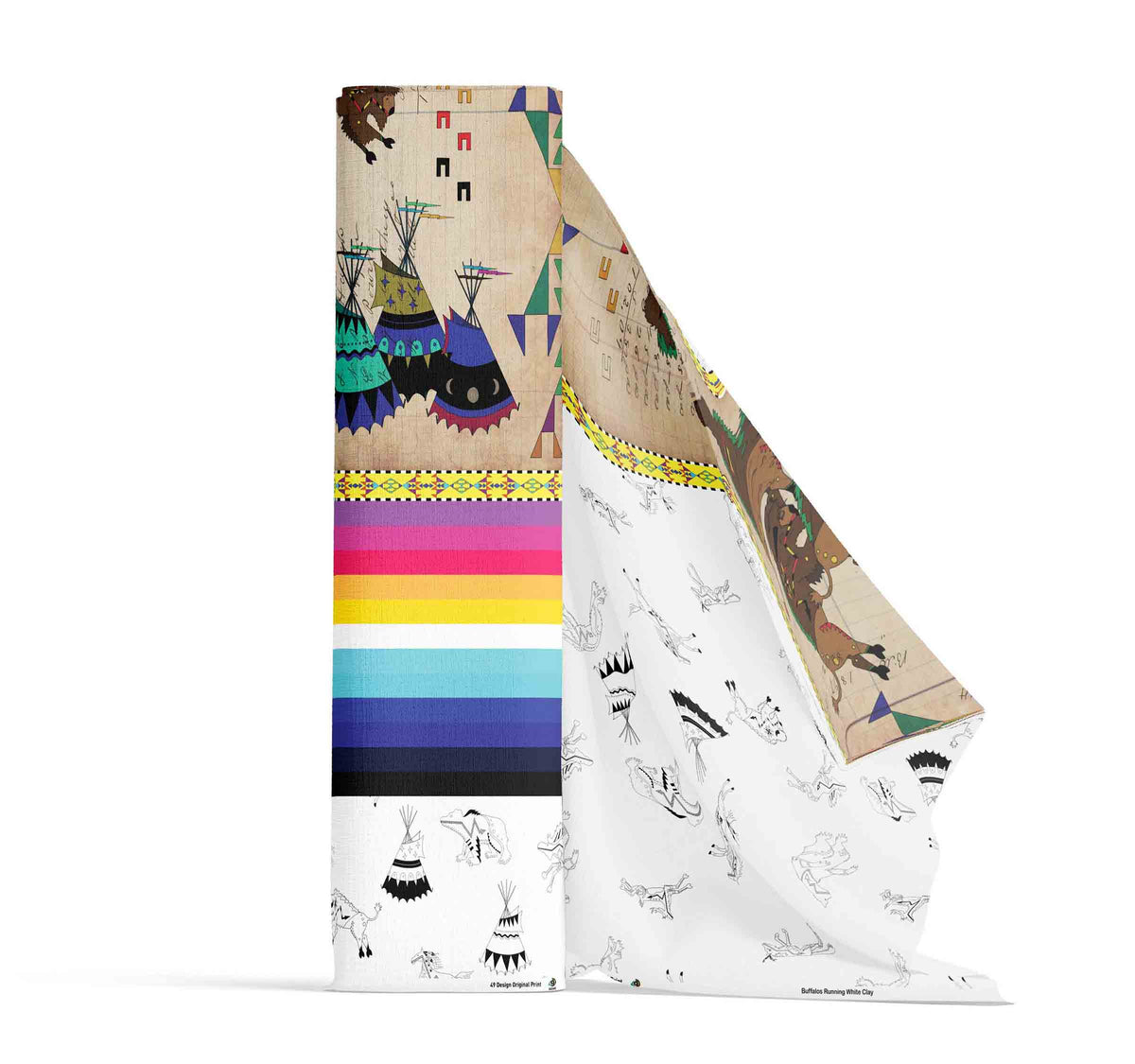 Ledger Buffalos Running White Clay Fabric by 49 Dzine