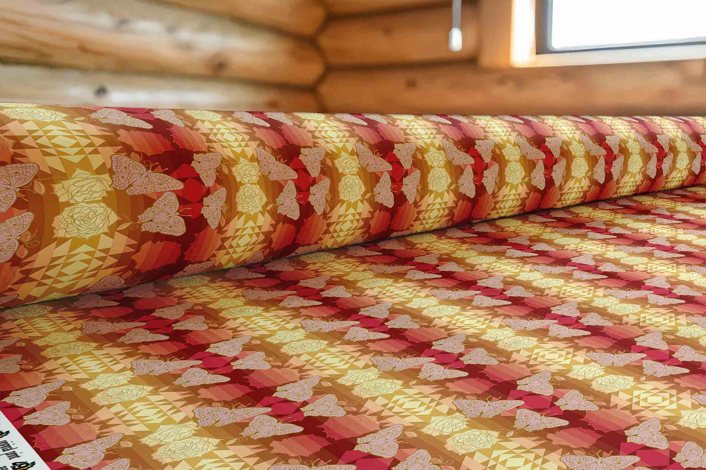 Butterfly and Roses on Geometric Fabric