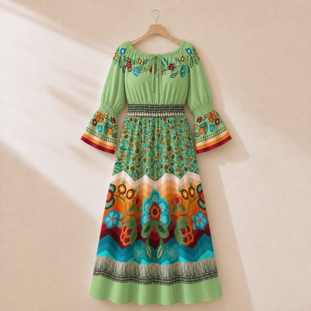 Prairie Fire Petals Smocked Waist Peasant Dress - Sage 3