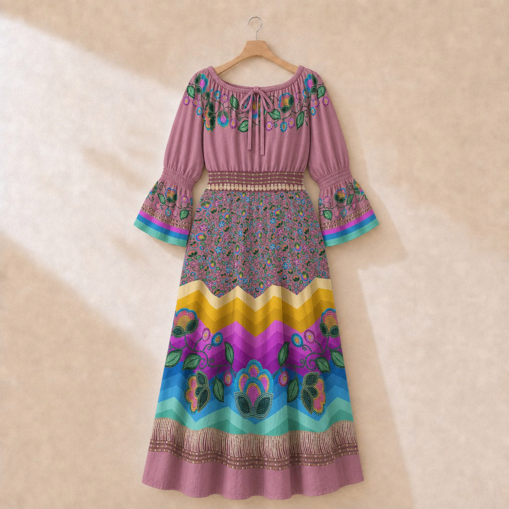 Turquoise Sunbeam Smocked Waist Peasant Dress - Pink 3