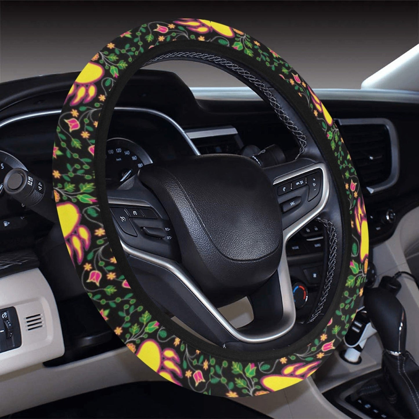 Floral Bearpaw Pink and Yellow Steering Wheel Cover with Elastic Edge Steering Wheel Cover with Elastic Edge e-joyer