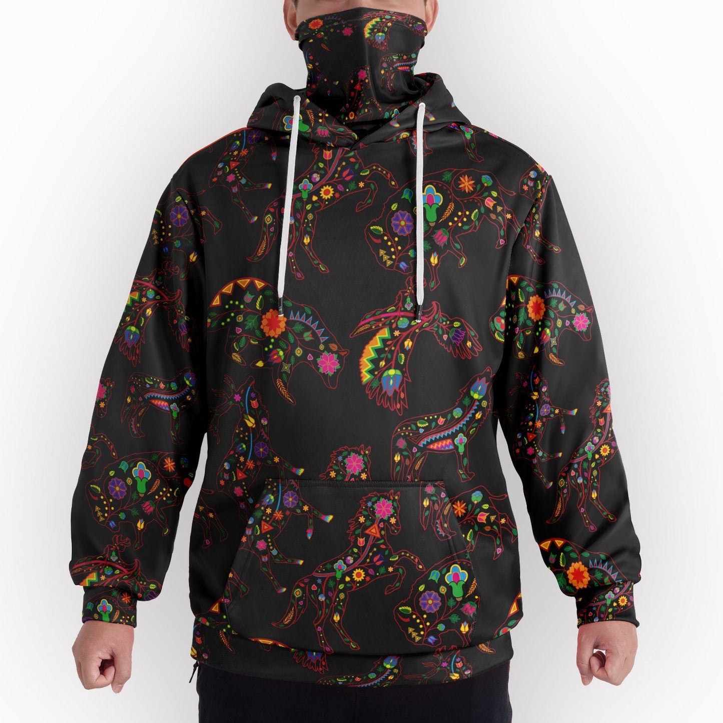 Neon Floral Animals Hoodie With Half Balaclava