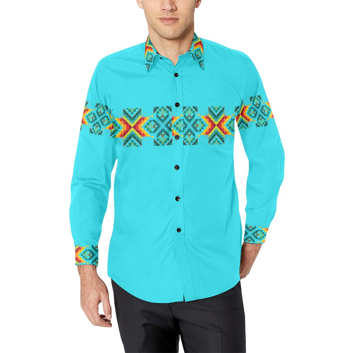 Turquoise Blanket Strip Casual Dress Shirt