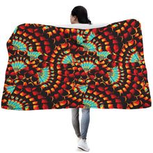 Load image into Gallery viewer, Hawk Feathers Fire and Turquoise Hooded Blanket
