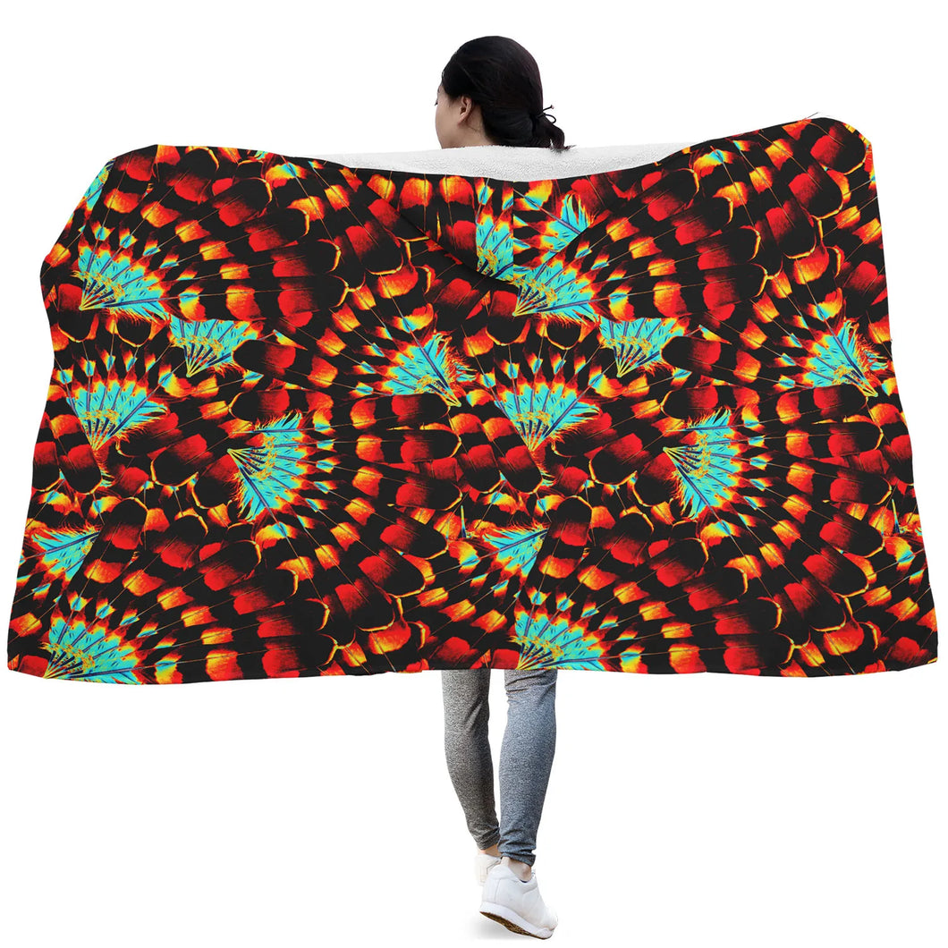Hawk Feathers Fire and Turquoise Hooded Blanket