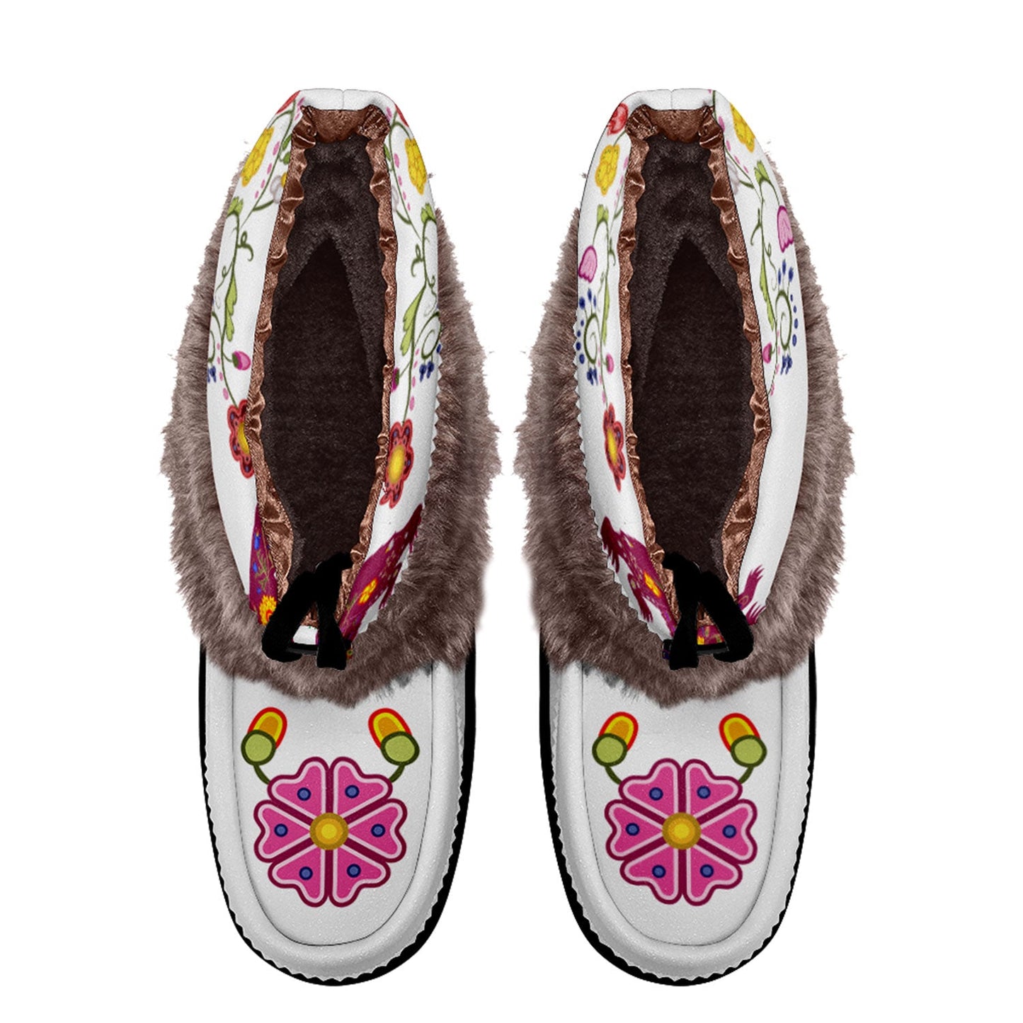 Floral Maskwa White Leather MocLux Short Style with Fur