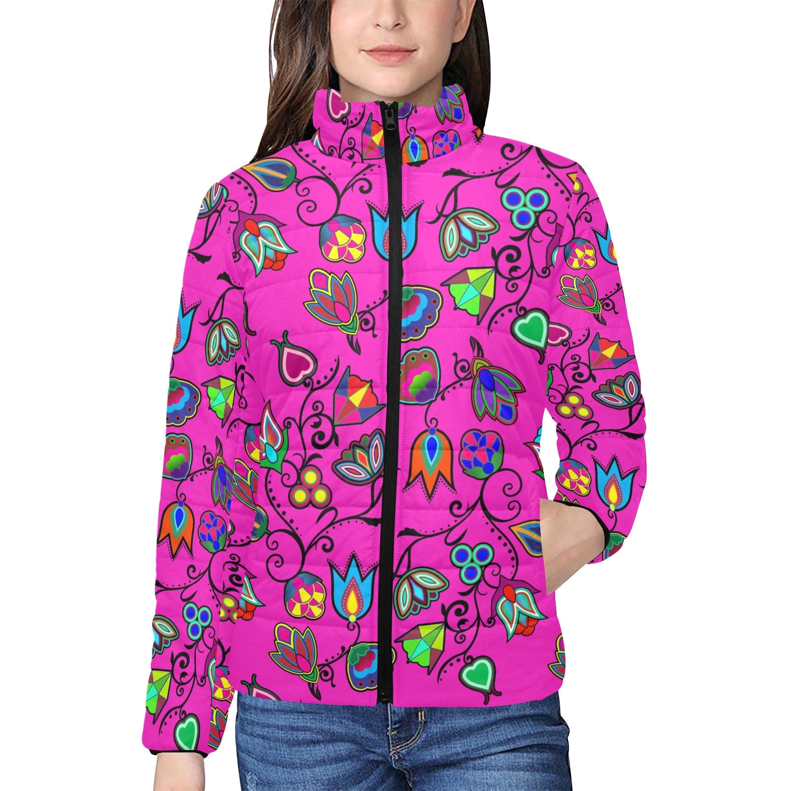 Berry Flowers Black Men's Stand Collar Padded Jacket main image 1