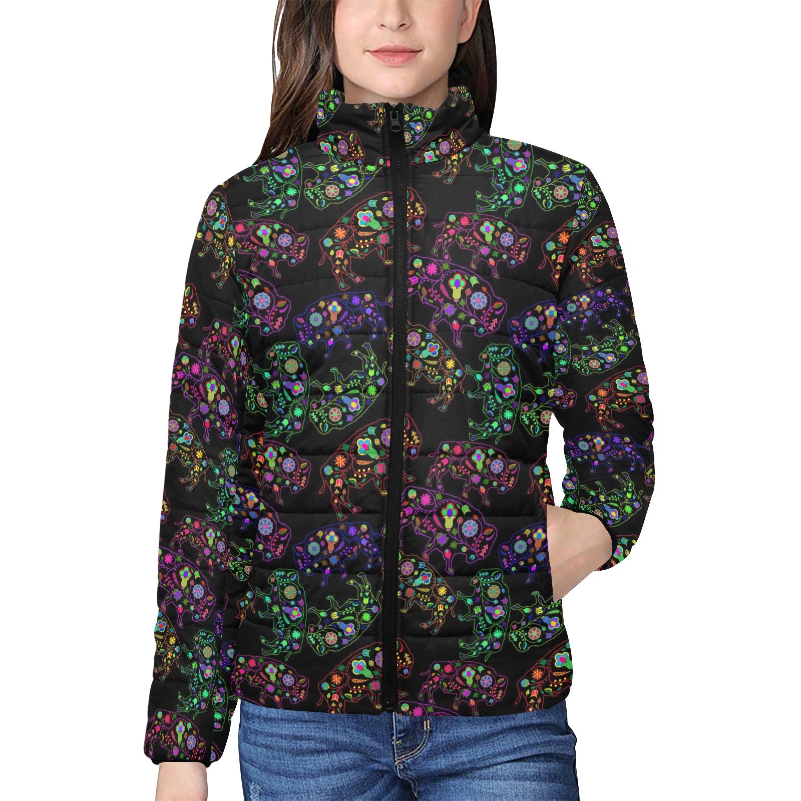 Gathering Yellow Purple Women's Stand Collar Padded Jacket