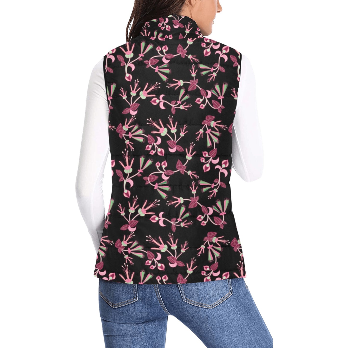 Floral Green Black Women's Padded Vest Jacket