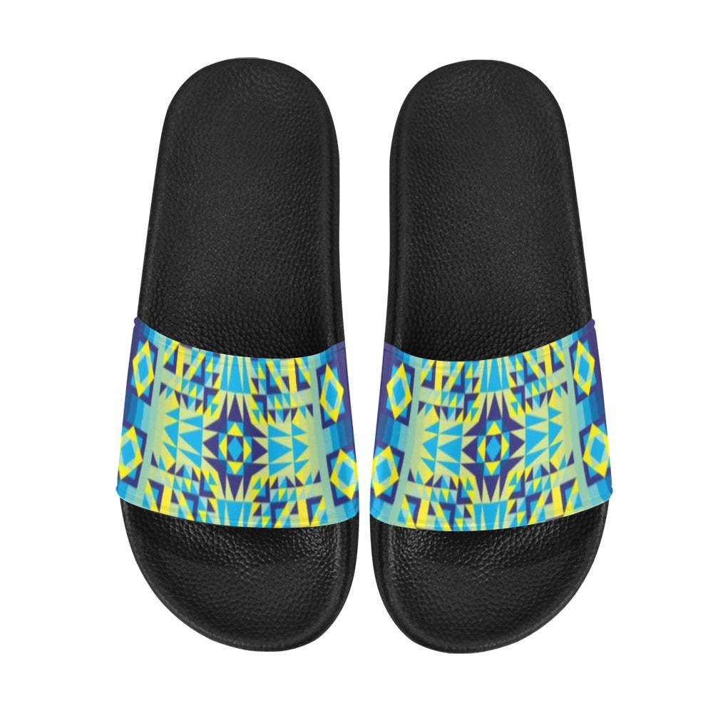 Kaleidoscope Jaune Bleu Slide Sandals by 49 Dzine