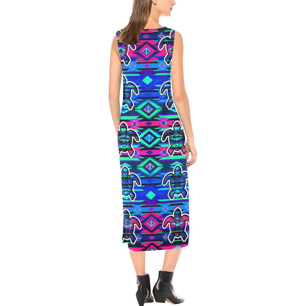 Adobe Sunset Turtles Phaedra Sleeveless Open Fork Long Dress (Model D08) Phaedra Sleeveless Open Fork Long Dress (D08) e-joyer