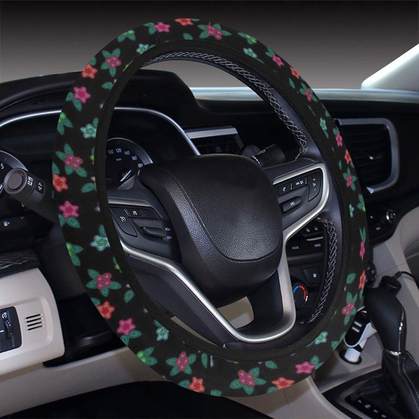 Berry Flowers Black Steering Wheel Cover with Elastic Edge Steering Wheel Cover with Elastic Edge e-joyer