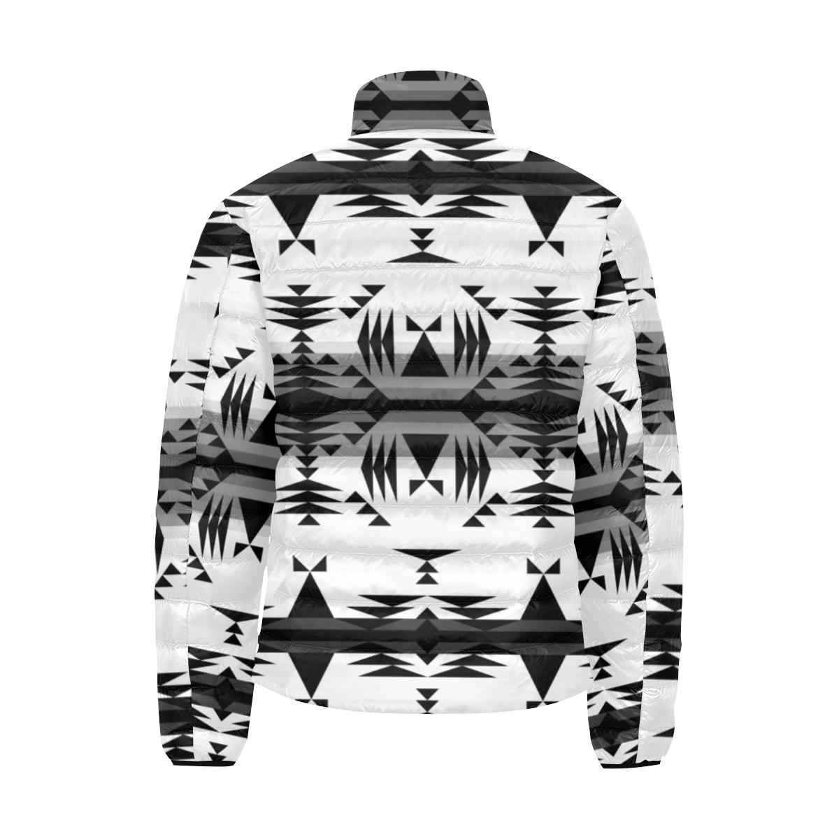 Between the Mountains White and Black Men's Stand Collar Padded Jacket (Model H41) Men's Stand Collar Padded Jacket (H41) e-joyer