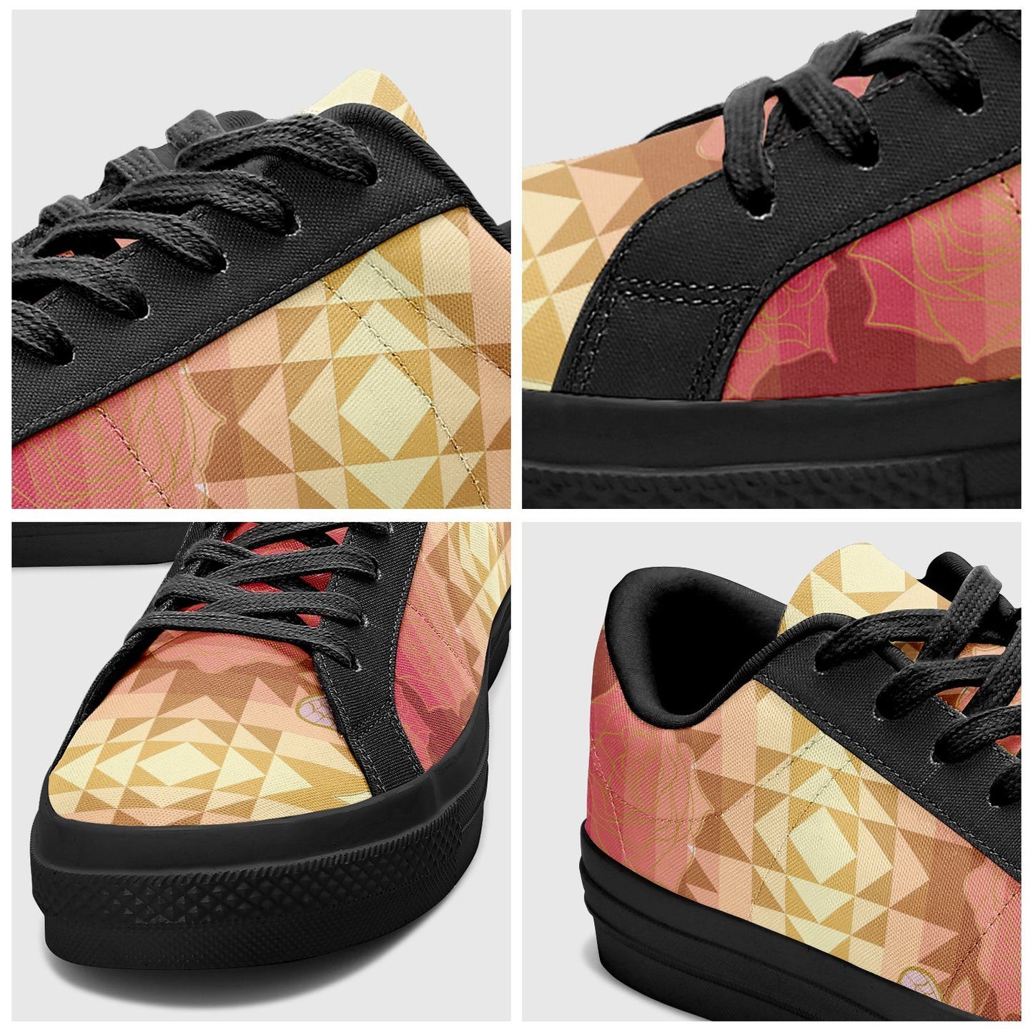Butterfly and Roses on Geometric Aapisi Low Top Canvas Shoes Black Sole aapisi Herman