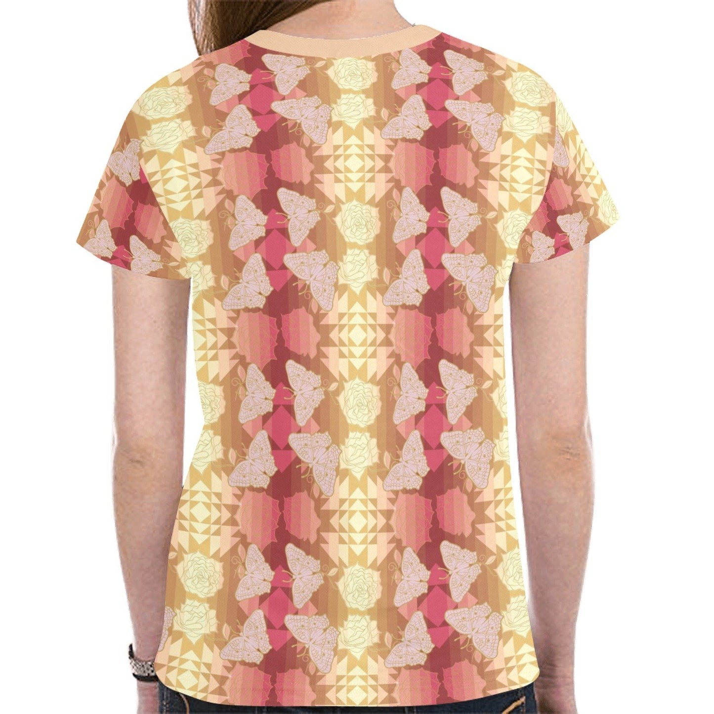 Butterfly and Roses on Geometric New All Over Print T-shirt for Women (Model T45) tshirt e-joyer