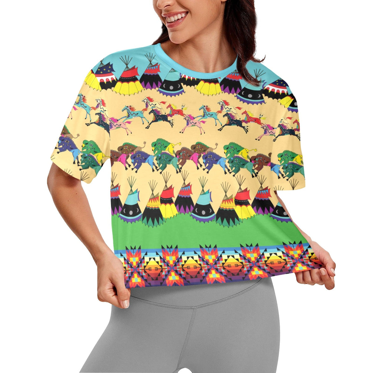 Horses and Buffalo Ledger Turquoise Crop Top by 49 Dzine