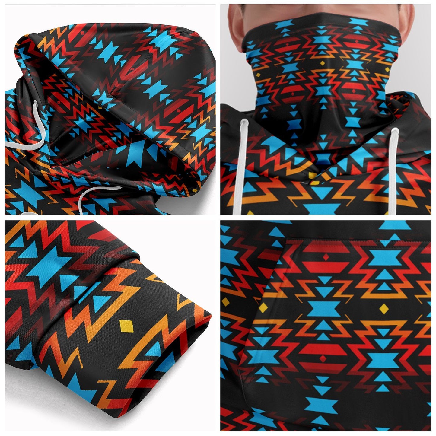 Fire Colors and Turquoise Hoodie with Face Cover 49 Dzine