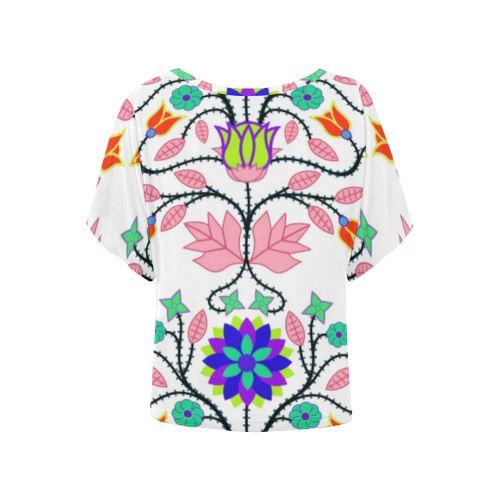 Floral Beadwork Four Clans White Women's Batwing-Sleeved Blouse T shirt (Model T44) Women's Batwing-Sleeved Blouse T shirt (T44) e-joyer
