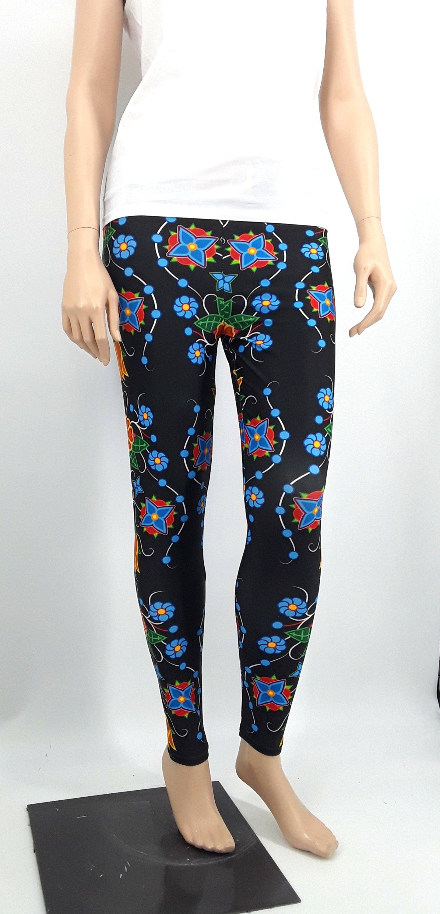 Floral Beadwork Four Mothers Low Rise Leggings (Invisible Stitch) (Model L05) Low Rise Leggings (Invisible Stitch) (L05) e-joyer