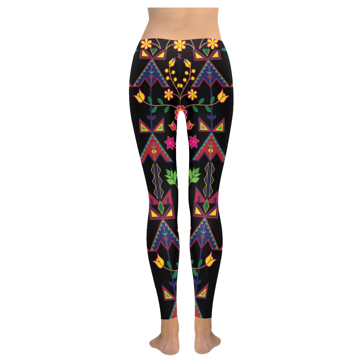 Geometric Floral Spring - Black Low Rise Leggings (Invisible Stitch) (Model L05) Low Rise Leggings (Invisible Stitch) (L05) e-joyer