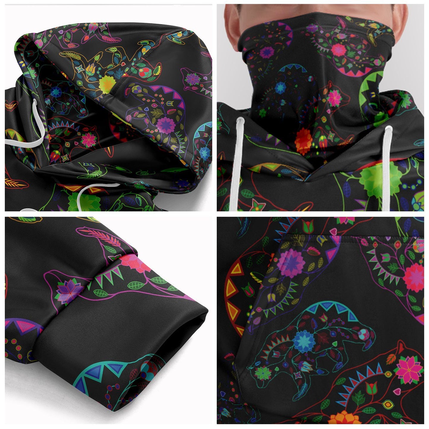 Neon Floral Bears Hoodie with Face Cover 49 Dzine