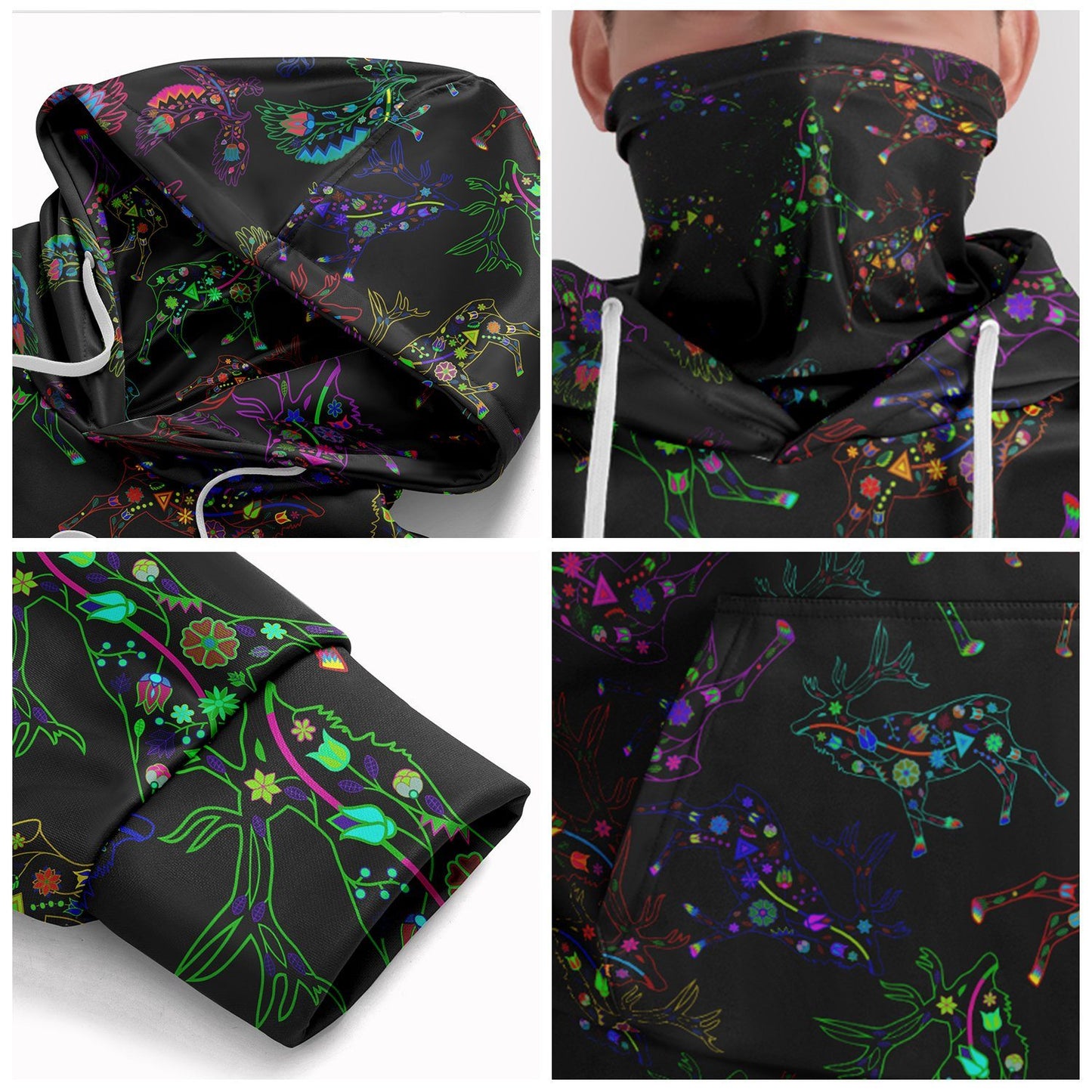 Neon Floral Elks Hoodie with Face Cover 49 Dzine