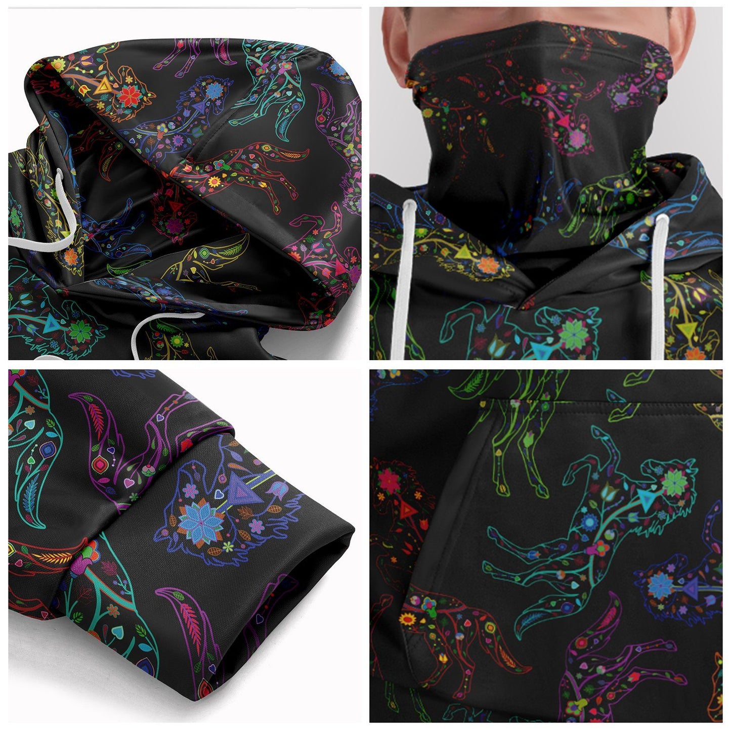 Neon Floral Horses Hoodie with Face Cover 49 Dzine