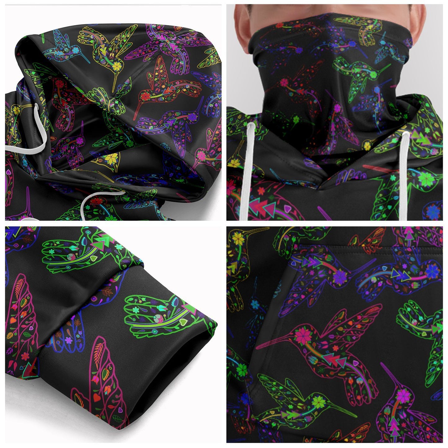 Neon Floral Hummingbirds Hoodie with Face Cover 49 Dzine