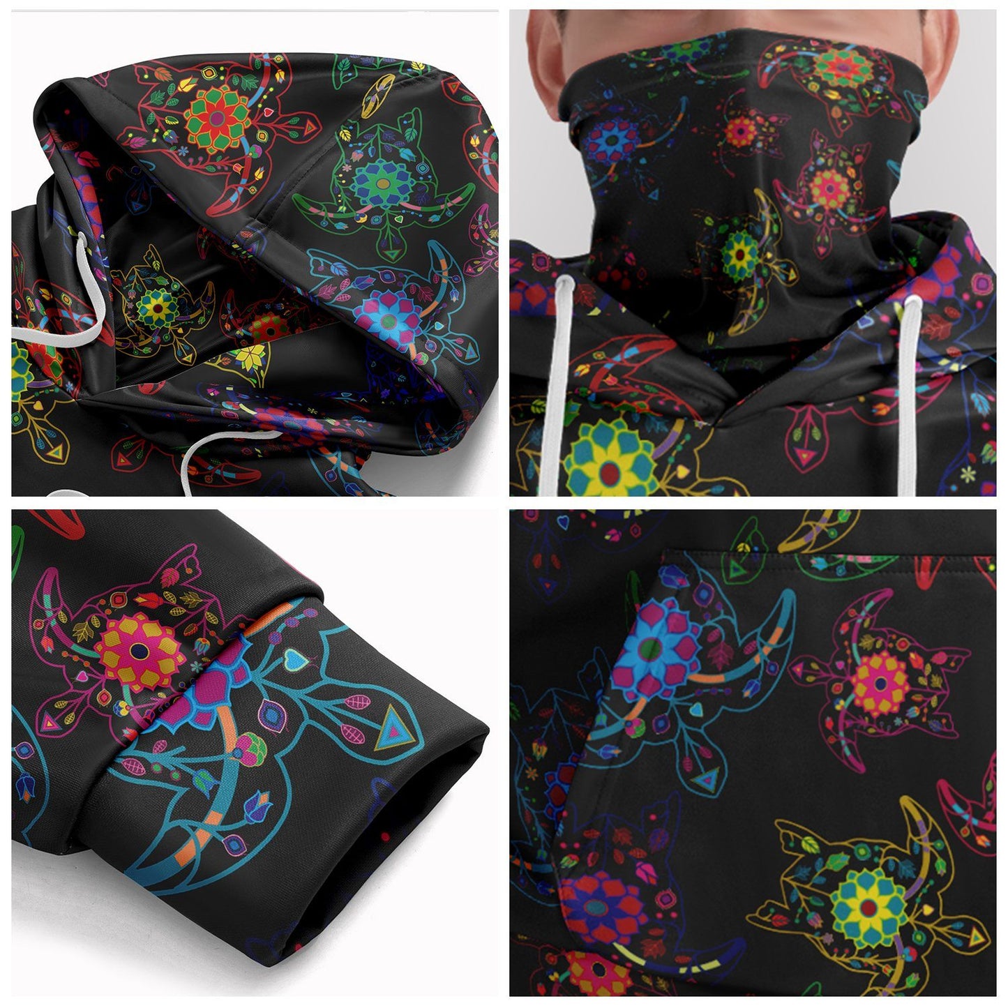 Neon Floral Turtles Hoodie with Face Cover 49 Dzine