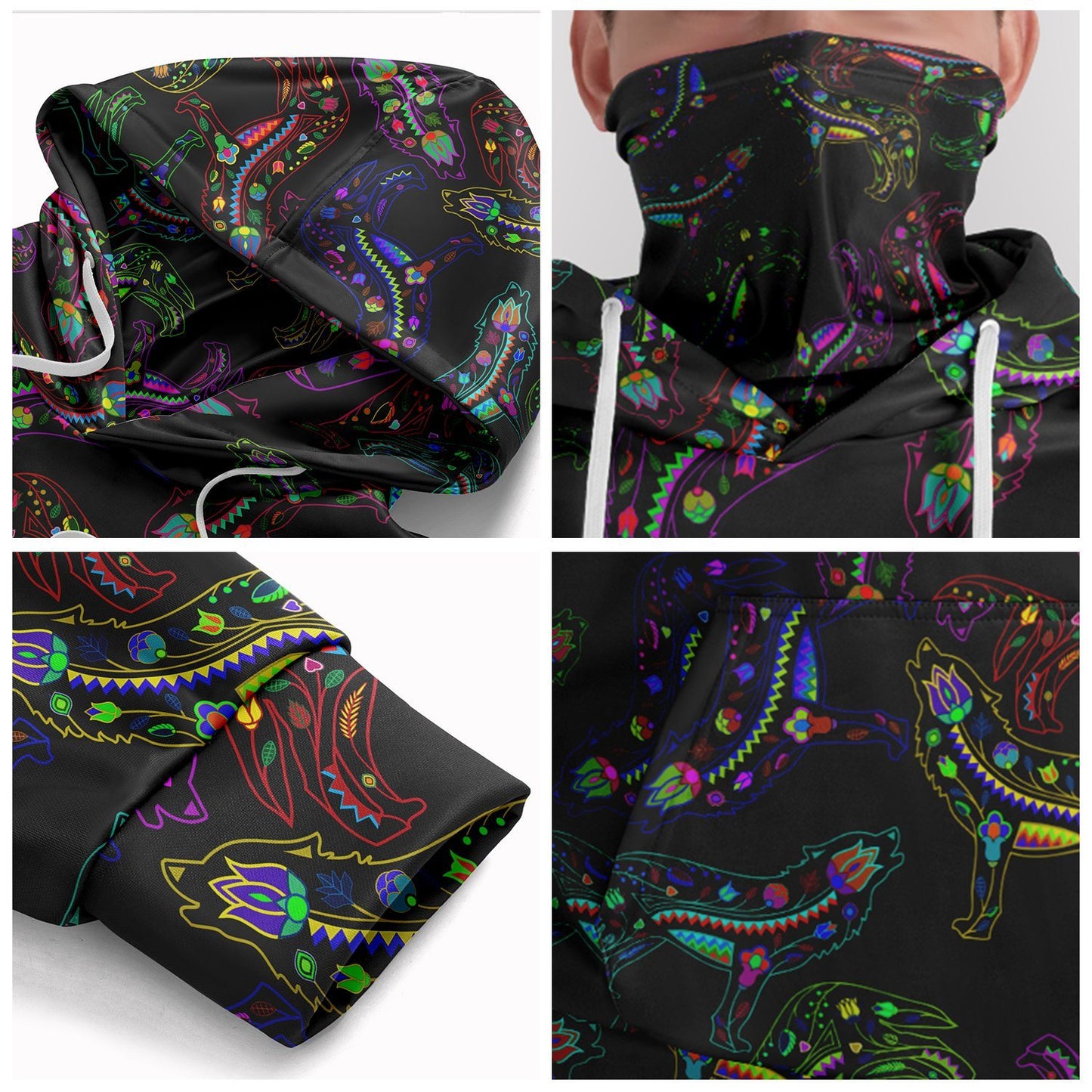 Neon Floral Wolves Hoodie with Face Cover 49 Dzine