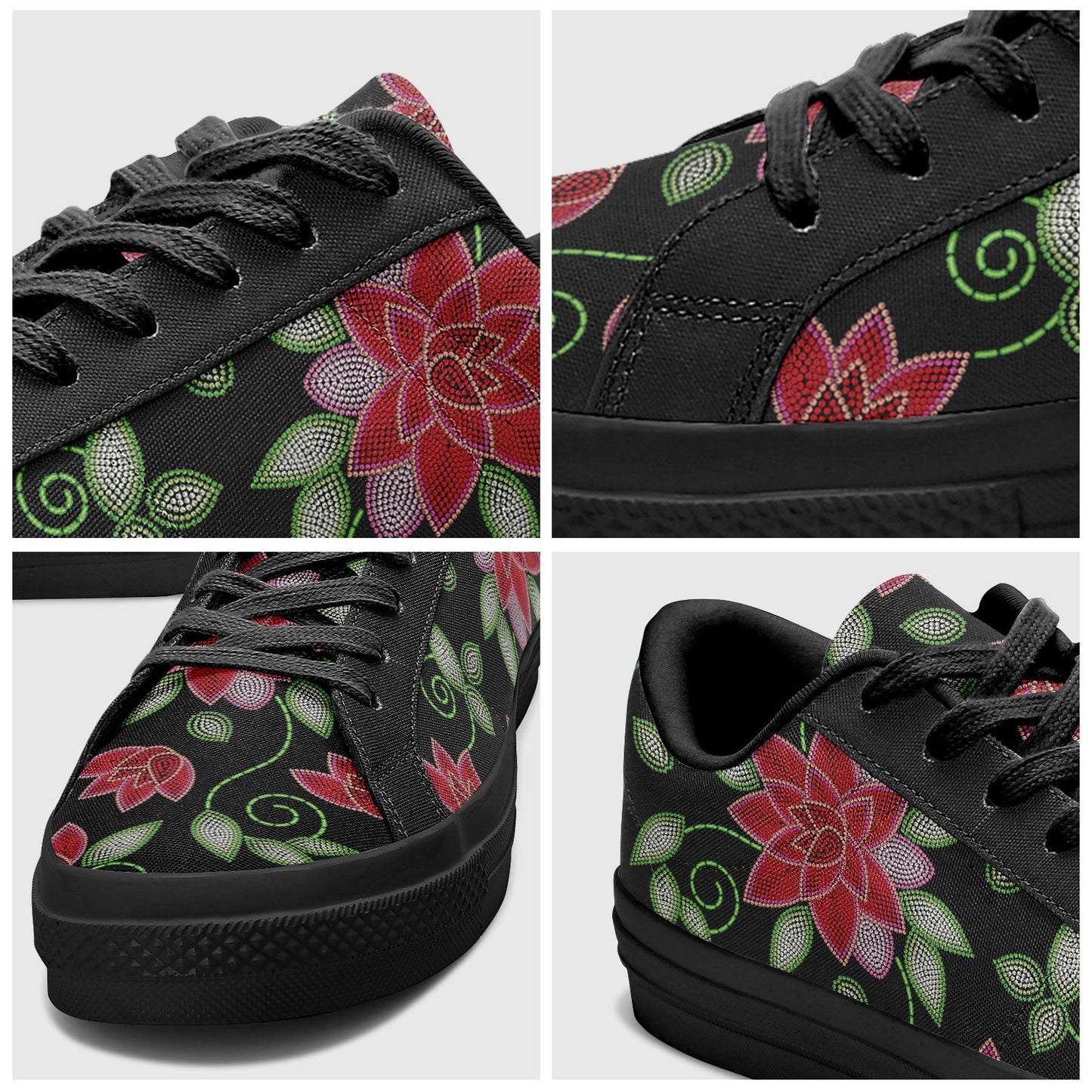 Red Beaded Rose Aapisi Low Top Canvas Shoes Black Sole aapisi Herman