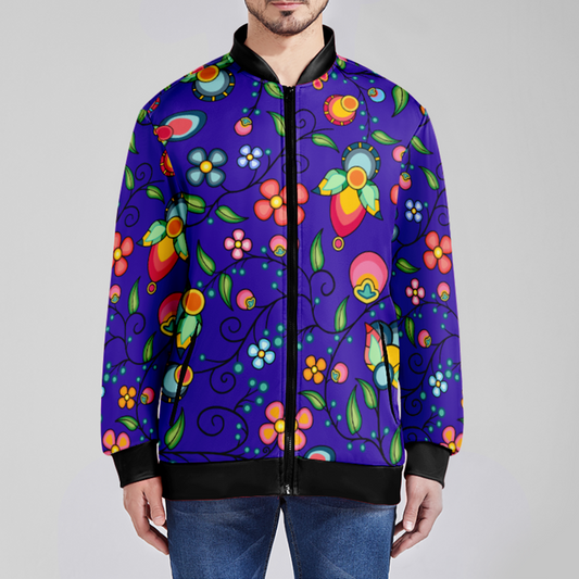 Floral Bounty Blue Zippered Collared Lightweight Jacket