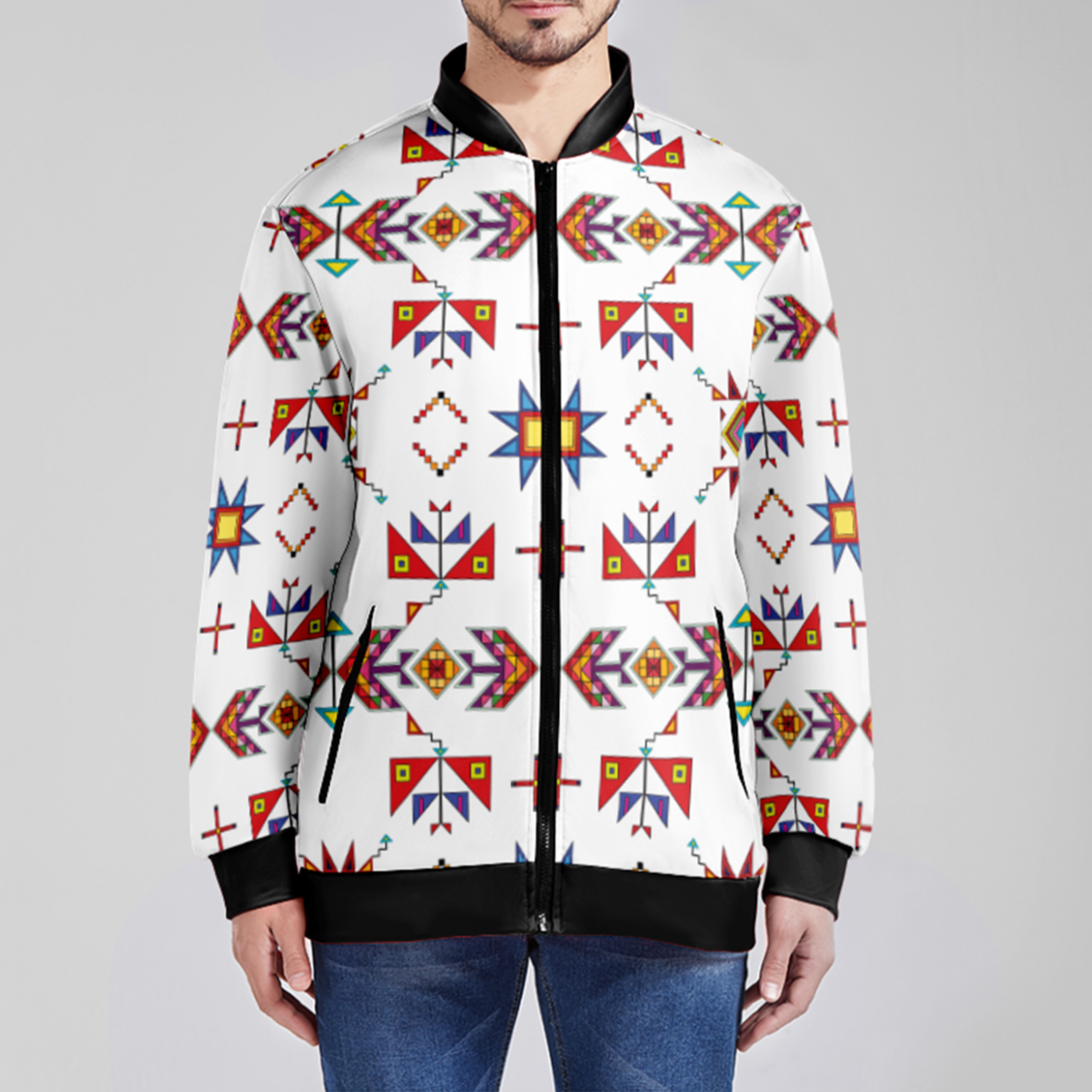 Scattered Generations White Zippered Collared Lightweight Jacket