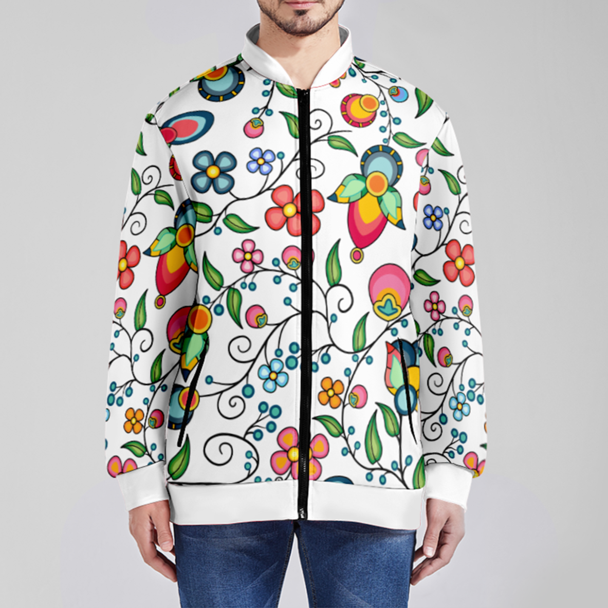 Floral Bounty White Zippered Collared Lightweight Jacket