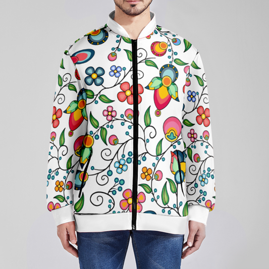 Floral Bounty White Zippered Collared Lightweight Jacket