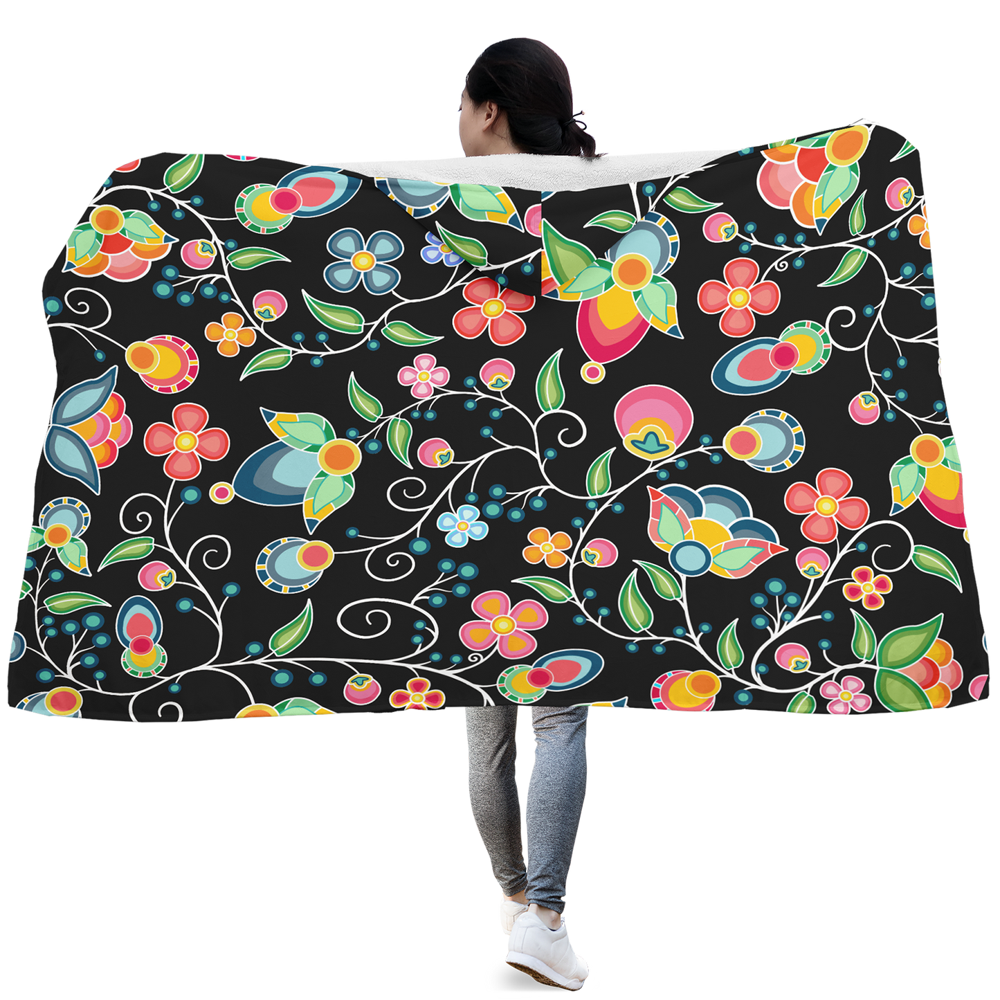 Floral Bounty Black Hooded Blanket