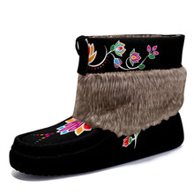 Load image into Gallery viewer, Waterbird Wildflowers Black Leather MocLux Short Style with Fur
