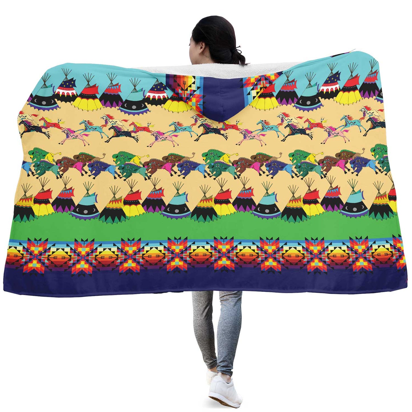 Horses and Buffalo Ledger Hooded Blanket