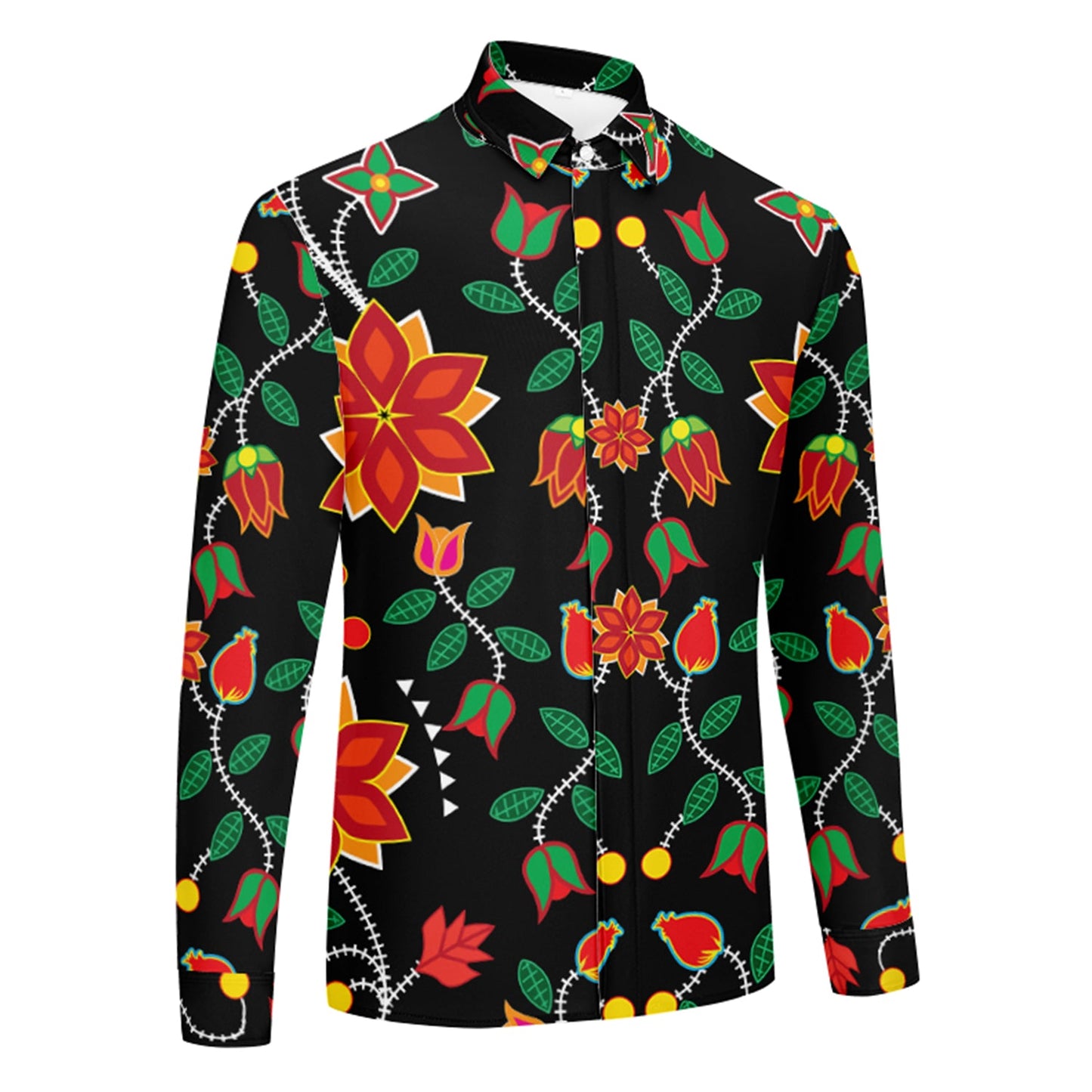 Floral Beadwork Six Bands Men's Long Sleeve Dress Shirt