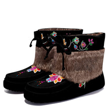 Load image into Gallery viewer, Waterbird Wildflowers Black Leather MocLux Short Style with Fur
