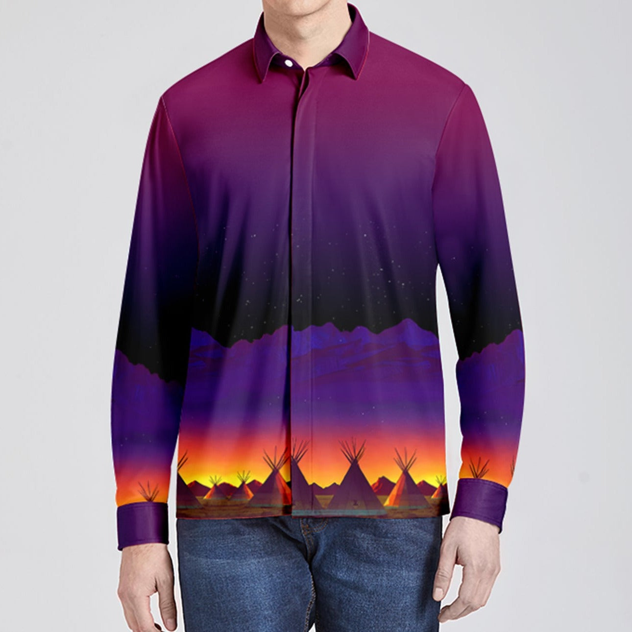 Teepees Northern Lights Men's Long Sleeve Dress Shirt