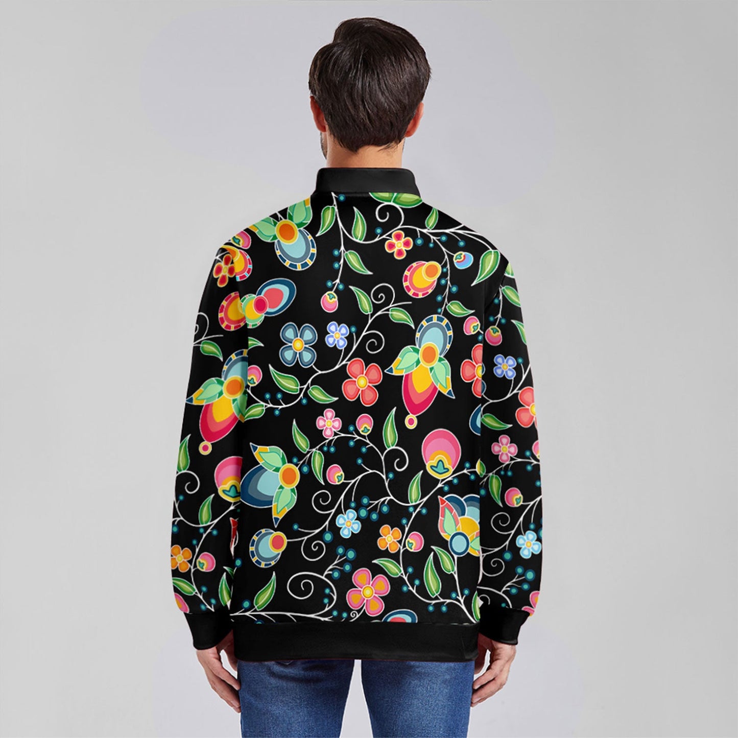 Floral Bounty Black Zippered Collared Lightweight Jacket