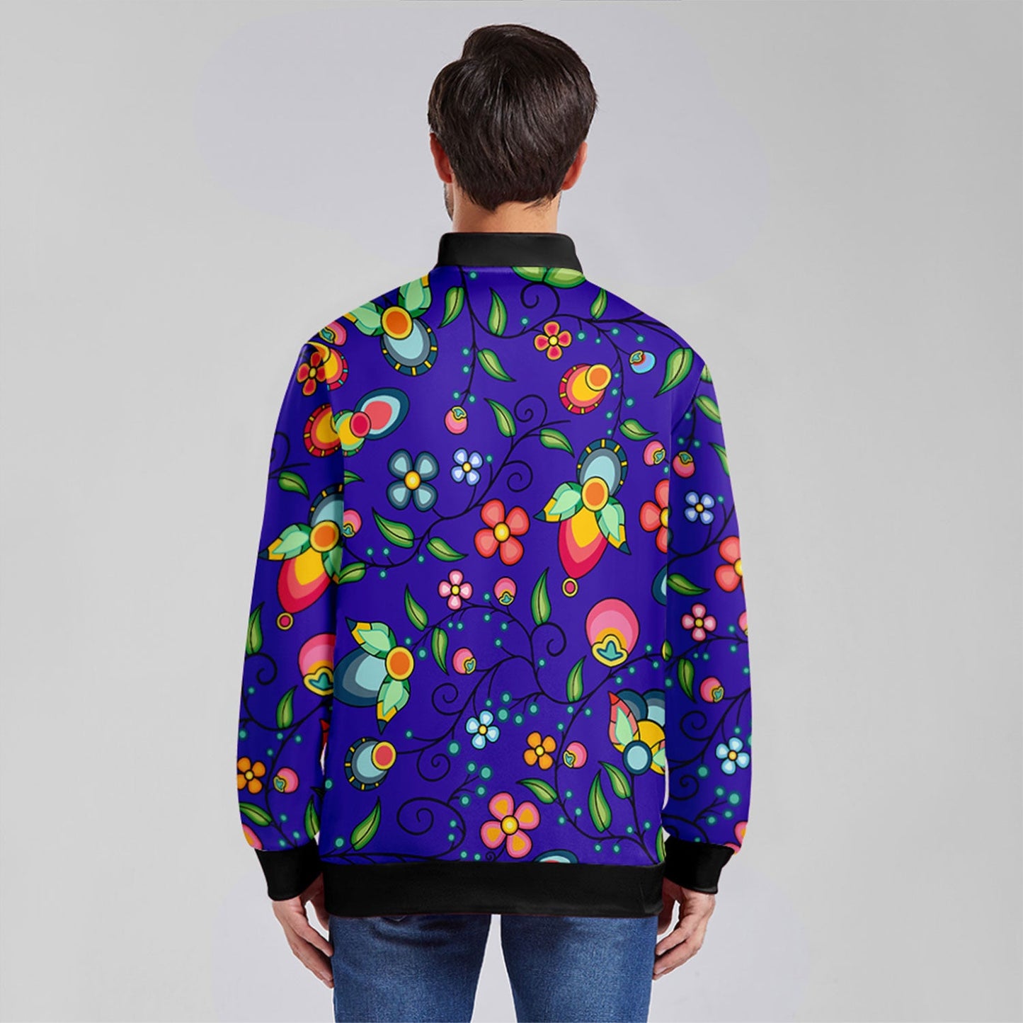 Floral Bounty Blue Zippered Collared Lightweight Jacket