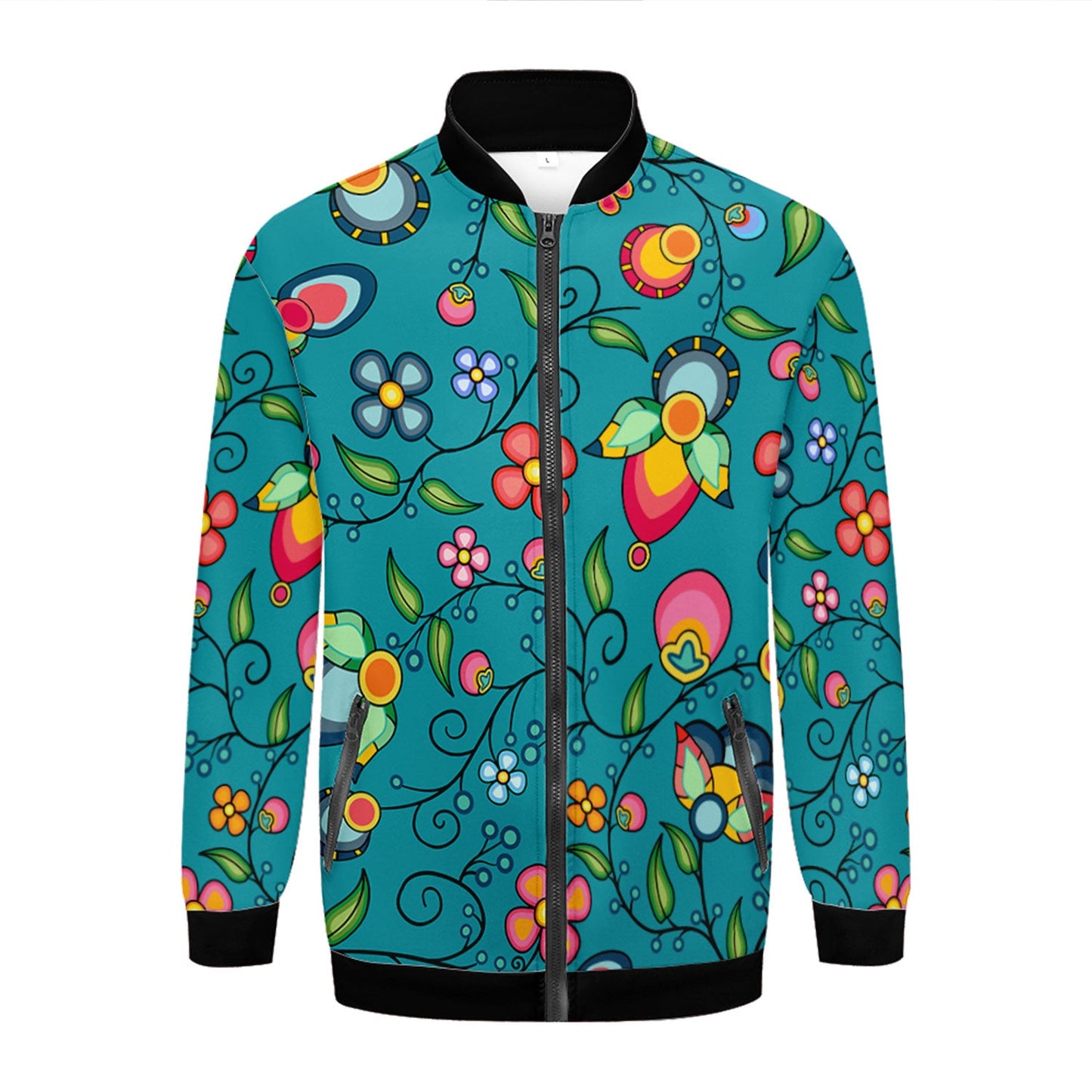 Floral Bounty Teal Zippered Collared Lightweight Jacket