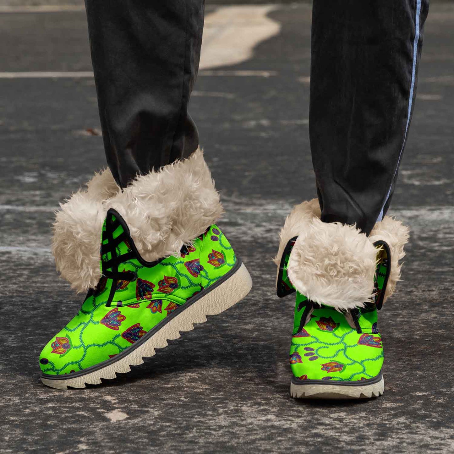 Spring Blossoms on Neon Green Polar Winter Boots