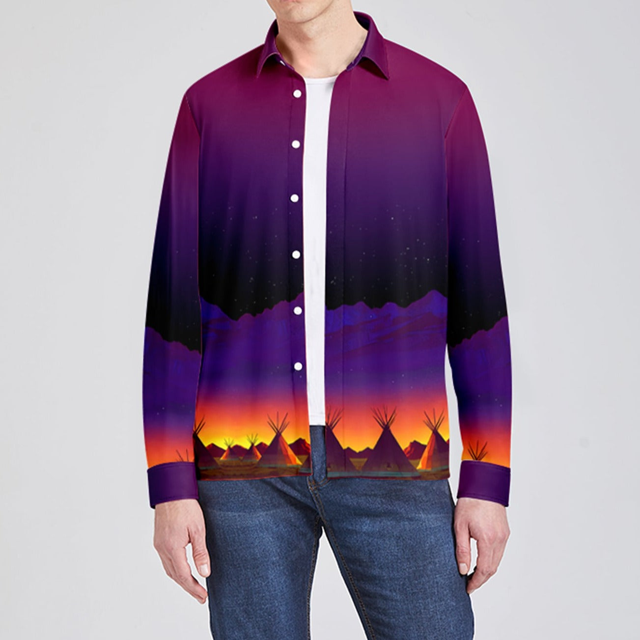 Teepees Northern Lights Men's Long Sleeve Dress Shirt